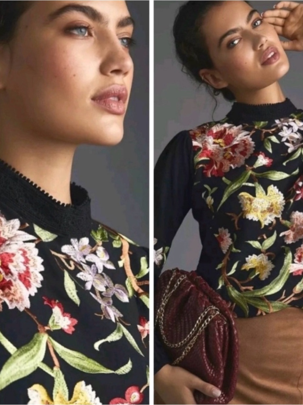 Anthropologie Tiny Petites Black Floral Embroidered Blouse XS